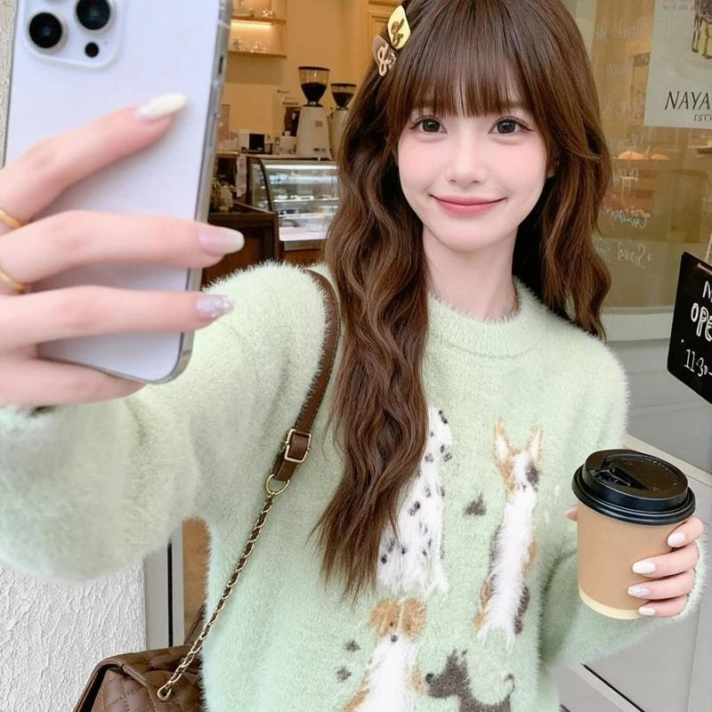 2026 Winter New Fashion Korean-style Laid-back Loose Pullover Top Sweet Cute Imitation Mink Fur Printed Puppy Sweater for Women