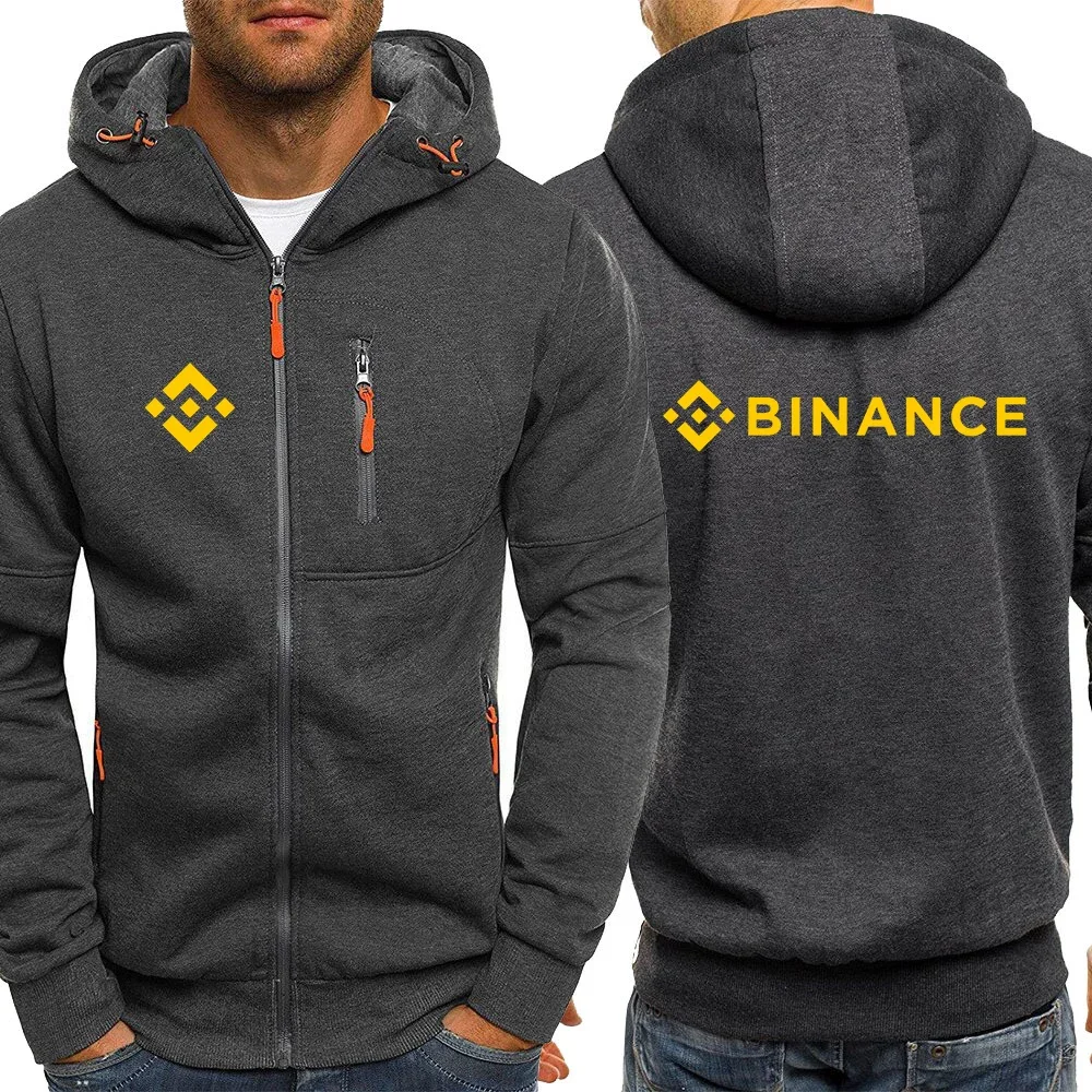 Binance Crypto 2024Men's New Solid Color Zipper Hoodies Sweatshirts Slim Fit Jackets Coats Pullover Casual Hooded Cardigan Tops