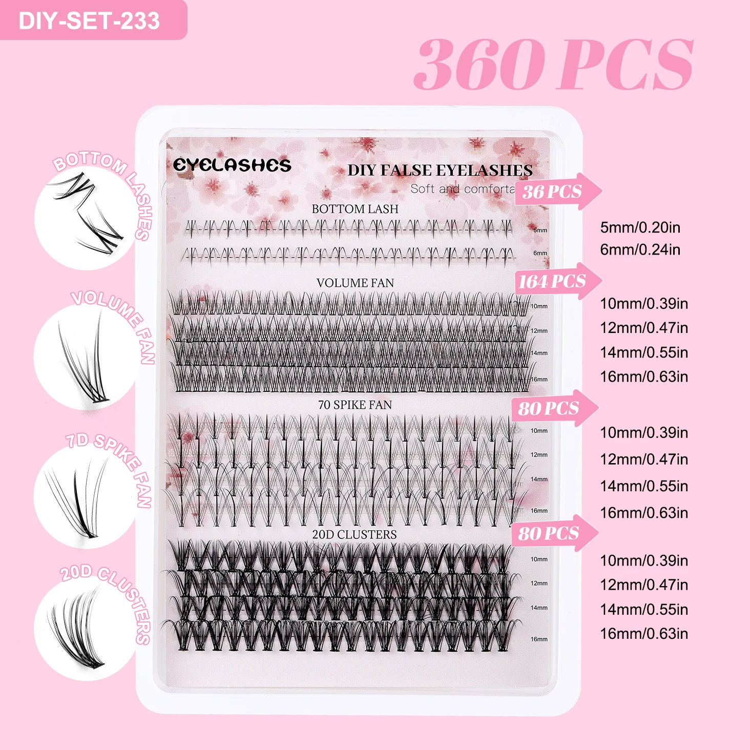 Lash Clusters DIY Lash Extensions Kit 360pcs Individual Lashes Clusters D Curl Eyelash Extension Kit with Applicator and Lash