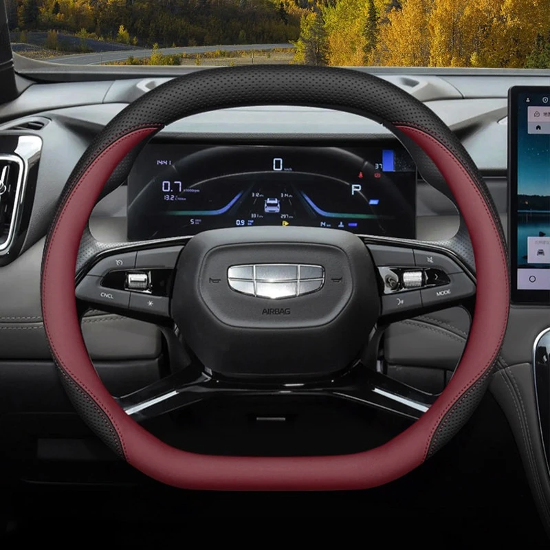 New For Geely Car Steering Wheel Cover Double D‑Shaped Napa Leather Sport Style Fit EX2 EX5 E5 E8 Galaxy L7 Car Accessories