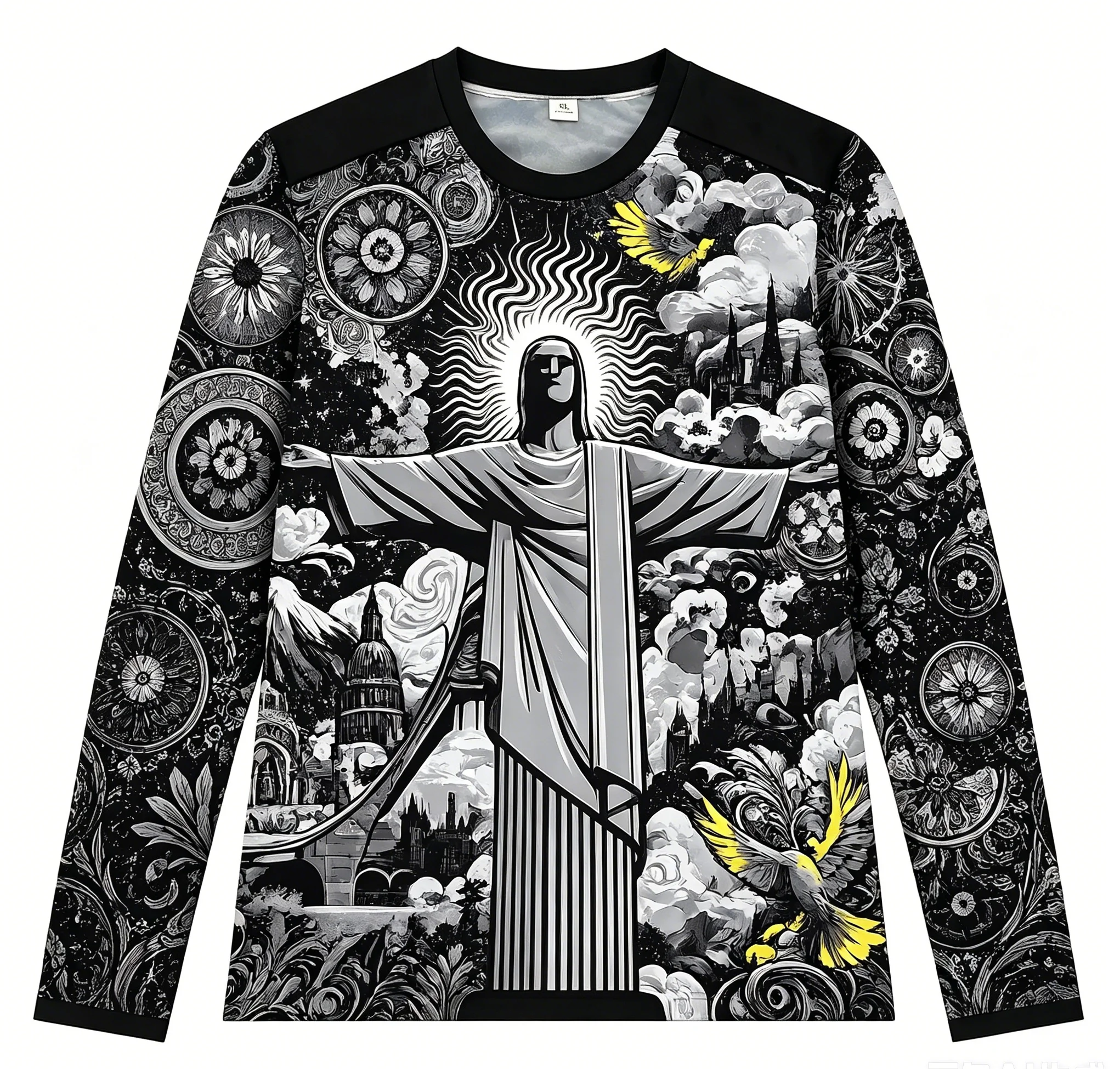 2026 Unisex Polyester Retro Art Floral Architecture Long Sleeve Sports Shirt Black White Yellow Abstract Graphic Casual Fashion