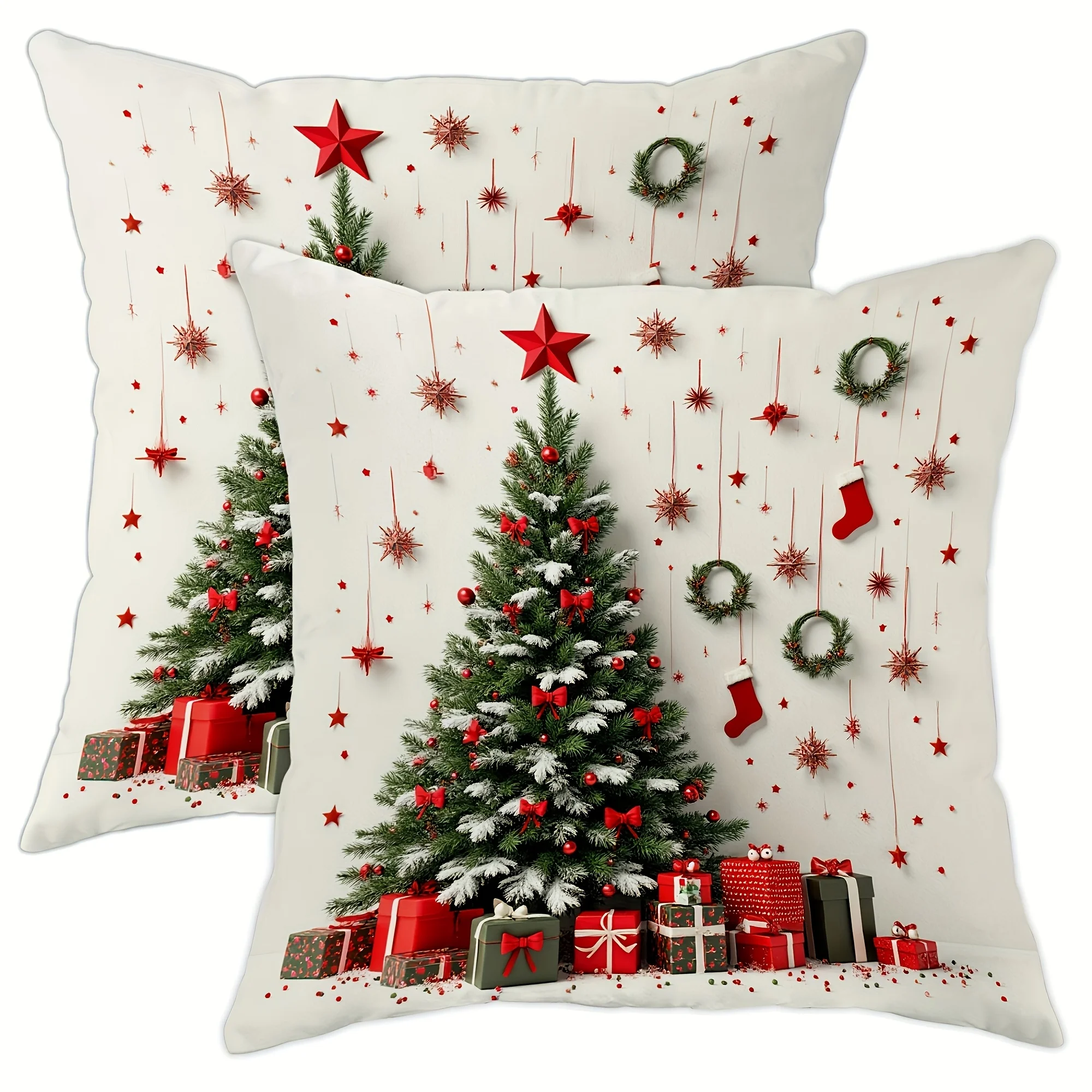 2PCS Christmas Pillow Covers, Winter Tree Gift Star Wreath Stocking Print, Red Green White Double-Sided for Sofa Bed, No Insert