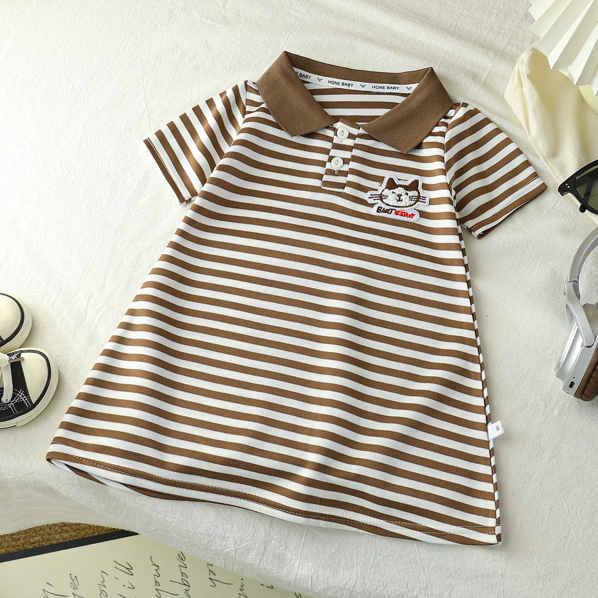 2026 Neues koreanisches Kinderkleid, Mädchen Sommer Casual Cartoon Gestreiftes Kurzarm-Prinzessinnenkleid mit Revers – Detail 7