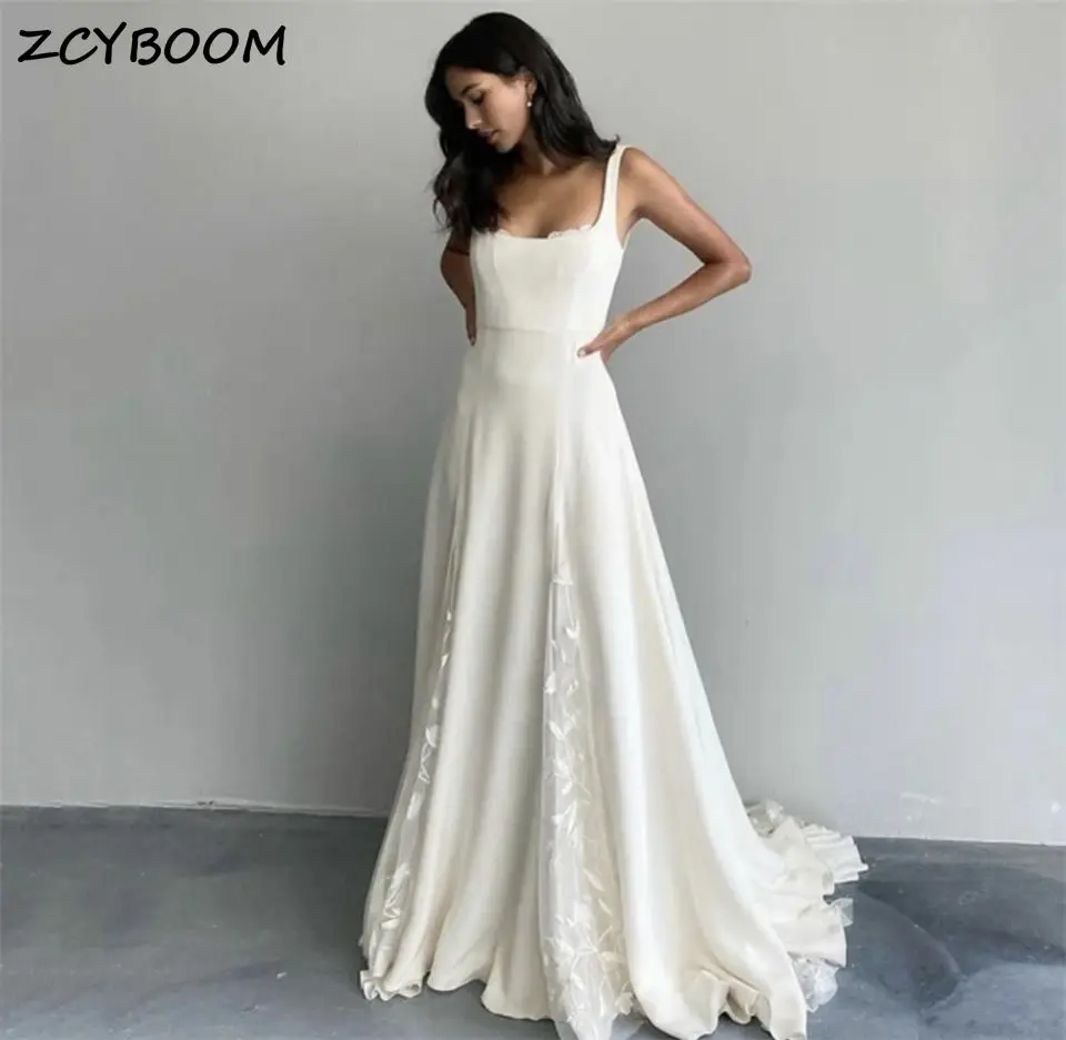 Vestido De novia elegante con cuello cuadrado y tirantes finos para mujer, traje De novia con apliques De línea A, corte en tren, 2024