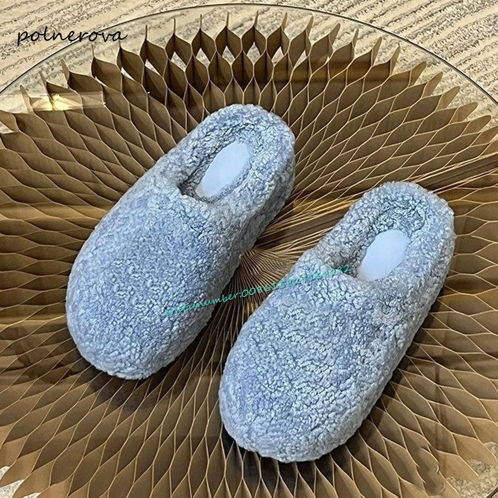 

Newest Solid Fur Half Slippers Flat Heel Round Toe Outside Slippers Daily Casual Women Shoes 2023 Autumn Winter Concise Fashion