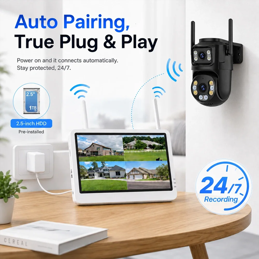 8CH WiFi NVR Kit with 7 Inch Monitor 4 Dual Lens 8MP PTZ Security Cameras IP66 Two Way Audio Motion Detection ICSee App for Home