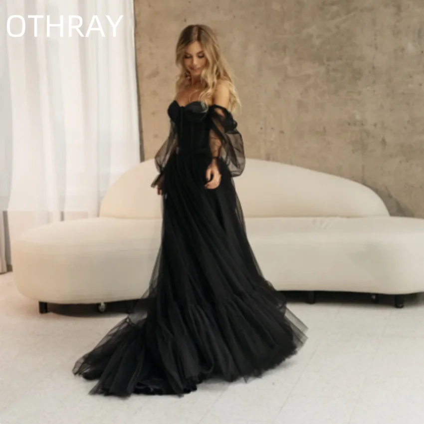 Una linea Off The Shoulder abito da sposa Lace Up Back abito da sposa muslimah os6 mazir vestido de novia Princess abito da sposa in Tulle nero