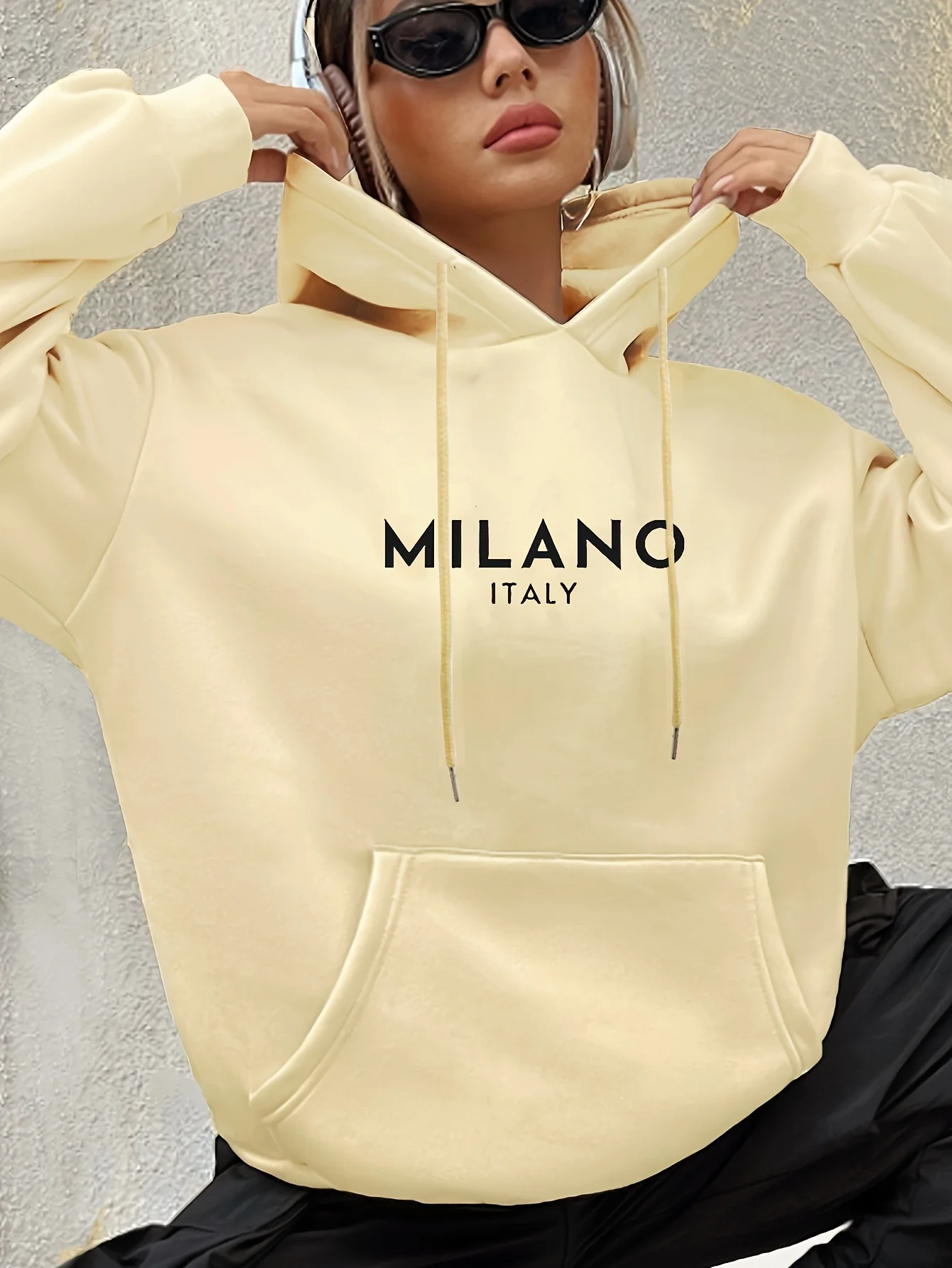 Milano Print Kangaroo Pocket Hoodie, Casual Long Sleeve Drawstring Hoodies Sweatshirt, Women\'s Clothing