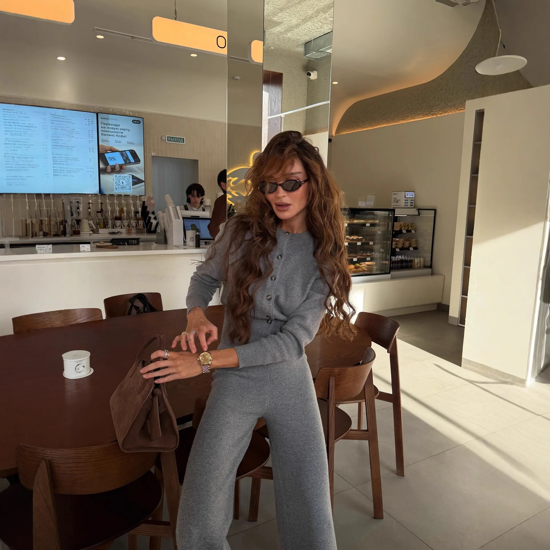Autumn and winter minimalist pure-color round-neck long-sleeved knitted cardigan set with straight pants  two-piece set