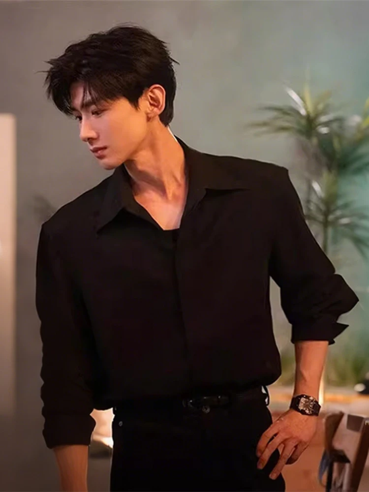 

Мужская модная повседневная рубашка Sli Long Sve Bla, внутренняя многослойная рубашка в корейском стиле, дышащая верхняя одежда из полиэфирного волокна