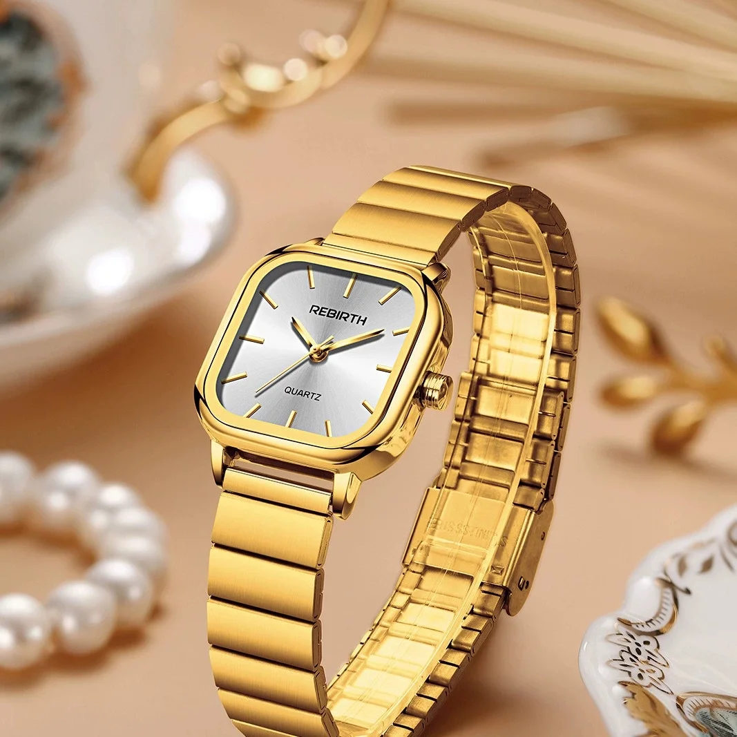 REBIRTH 2045S  fashion Square watches ladies Steel strap advanced ins niche design Women quartz watch ساعات يد نسائ