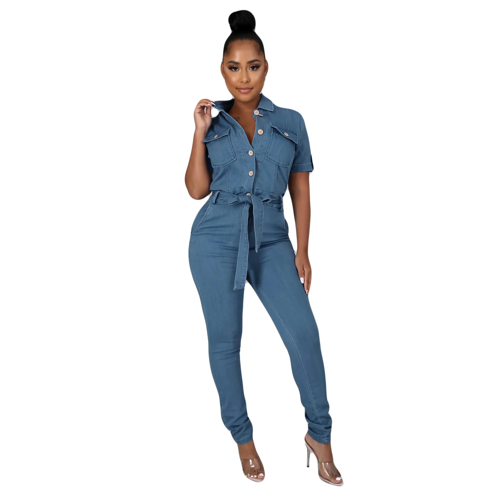 

New Women's Short Sleeve Lace-up Casual Denim Jumpsuit