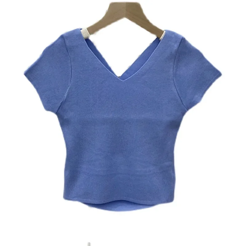 Summer Short Sexy Tight T-shirt for women tops High Waist  Backless Hollow Short Knit Sweater Summer Short Sleeve T-Shirt tee