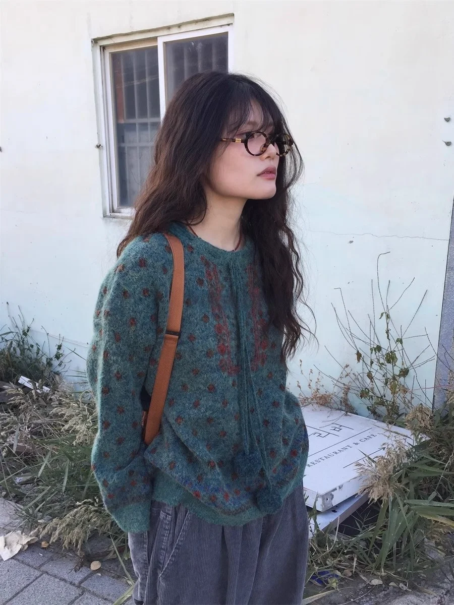 

Уникальный вязаный свитер SEI, зимний этнический свитер с ромбовидным принтом, пушистый круглый пуловер Ne, корейская версия L...