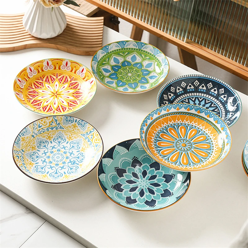 New Household Bohemian Style Tableware Printing Underglaze Color Exotic Dish Creative Ceramic Plate Decorative 8.25 Inch