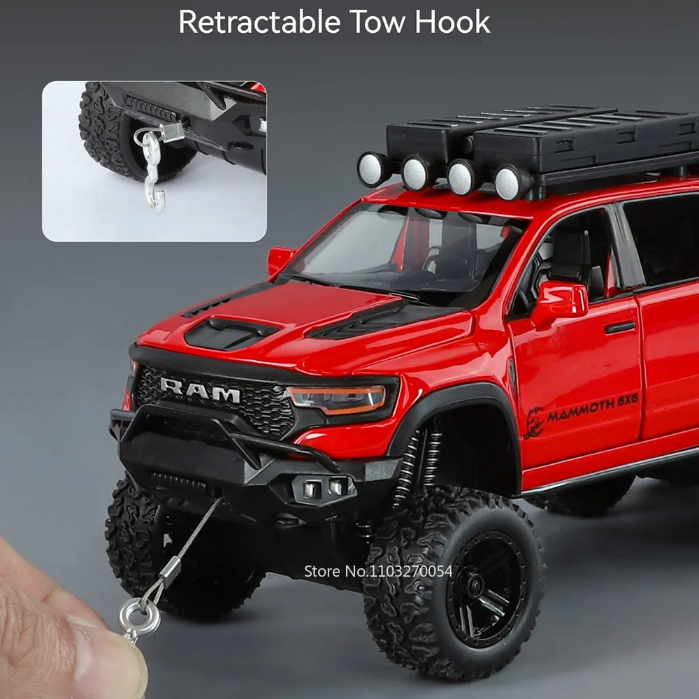Modelo de coche Ram TRX Mammoth Pickup, escala 1:32, juguetes de aleación fundidos con sonido, luz, puertas extraíbles, furgoneta abierta, juguete para niños