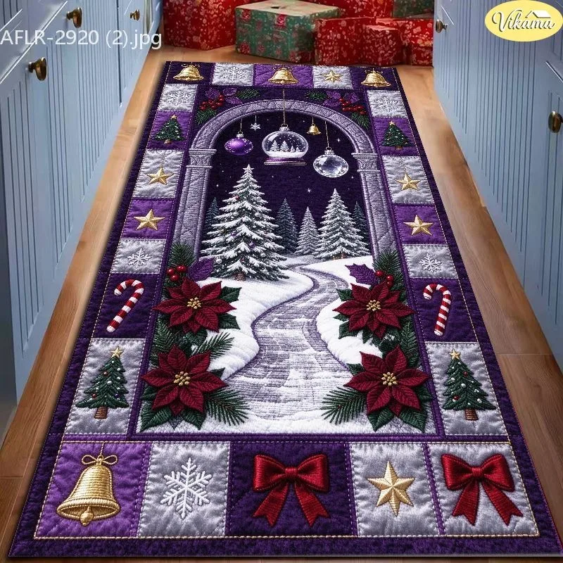 VIKAMA Christmas Runner Rug, Purple Winter Archway, Snowy Pines Poinsettia, Festive Printed, Soft Cozy, Hallway