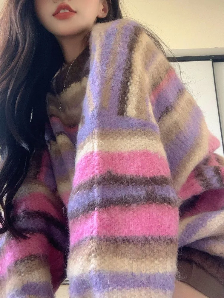 فضفاض سويتر مقلم للنساء الخريف الشتاء الملونة لينة س الرقبة البلوز النسخة الكورية تنوعا طويلة الأكمام تريكو #3