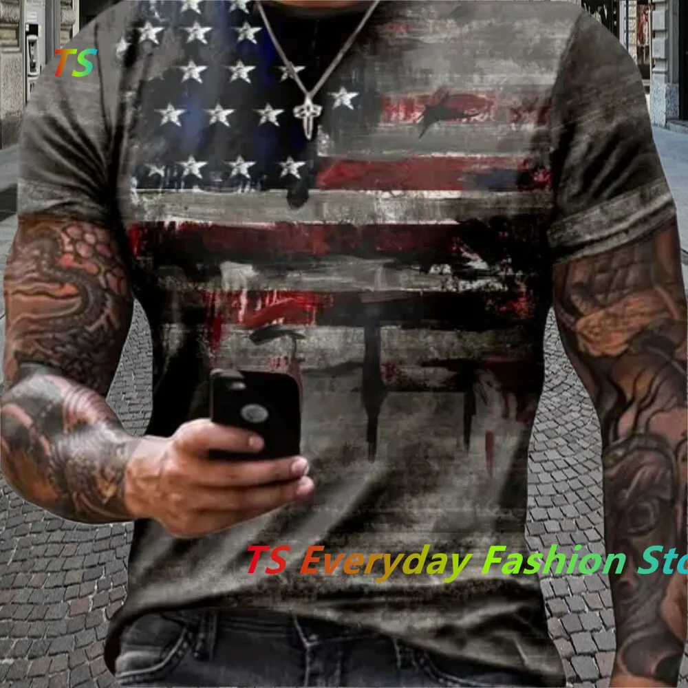 Summer Men's T-shirt American Flag Print T-shirt Summer Round Neck Cool Oversize Muscle Men Oversized Shirt Men's Clothing