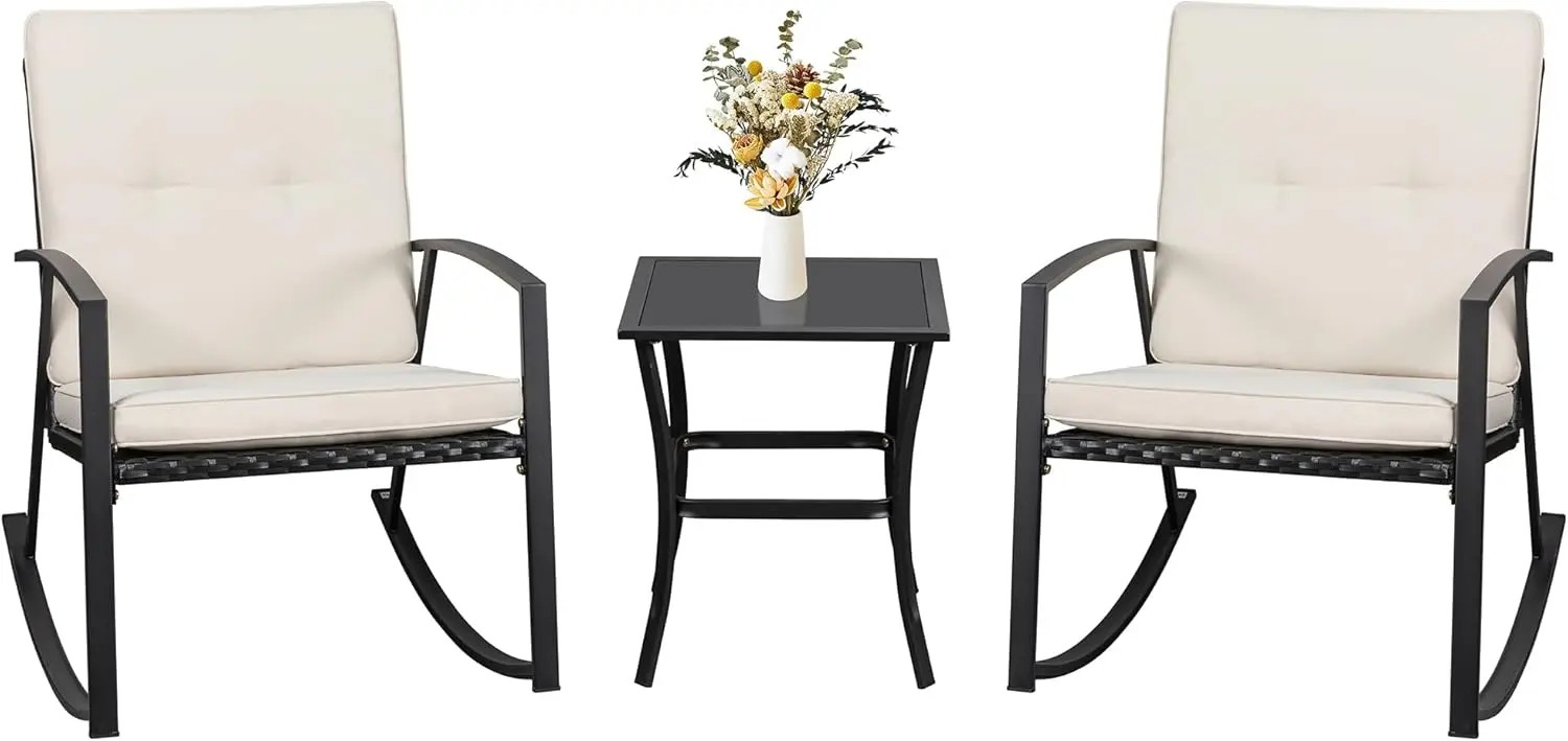 3 Pieces Patio Set Outdoor Wicker Patio Furniture Sets Modern Rocking Bistro Set Rattan Chair Conversation Sets with Coffee