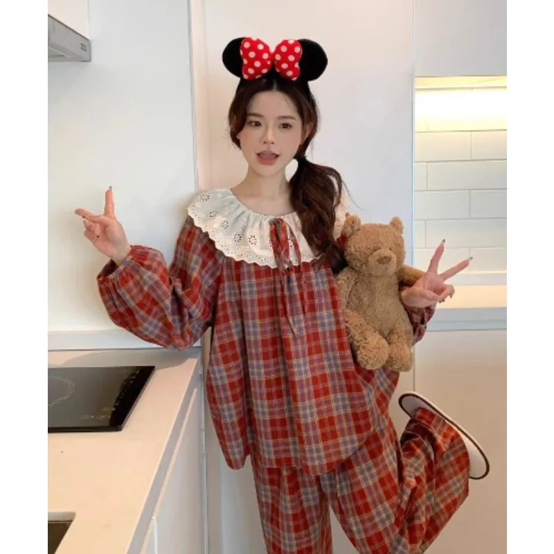 2026 New Doll Collar Red Checkered Pajama Set Students Falbala Homewear Women Spring Autumn Sleepwear Loose Lattice Loungewear