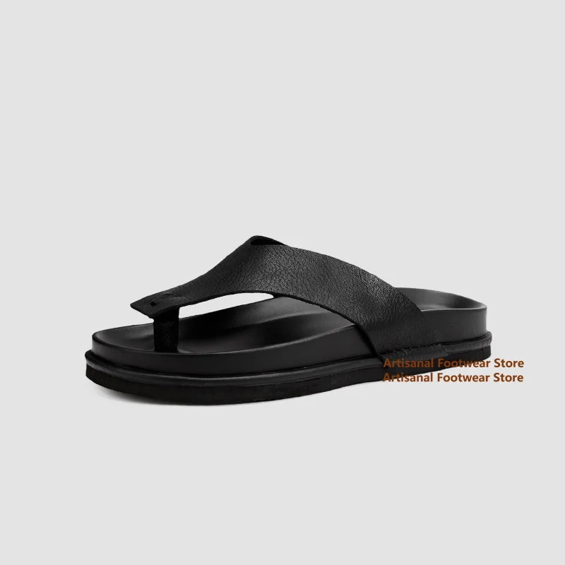 

Black Leather Flip Flop Slide Sandals Men Thick Sole Open Toe Slip On Summer Flip Flops Trendy Luxury Handmade Men's Sandals