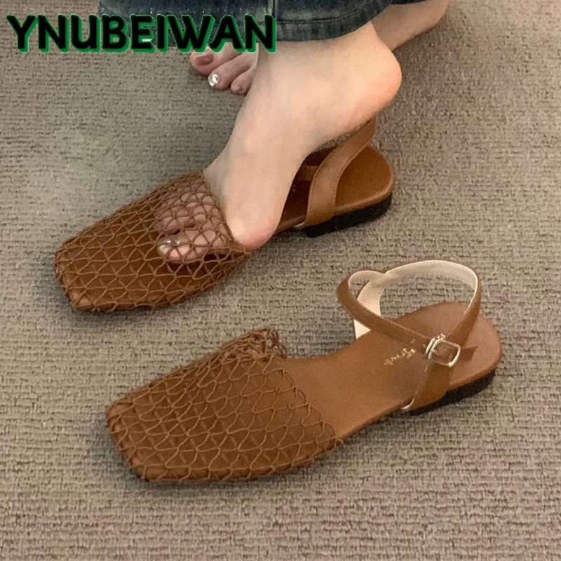 

Mesh Women's Sandals Flats Square Toe Shoes Woman Slippers Summer 2025 Elegant Dress Shoes Casual Beach Flip Flops Mujer Slides