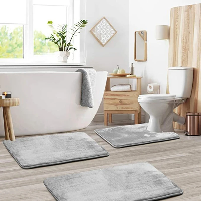 Set of 3 Bathroom Rugs Memory Foam Bath Mat Nonslip Toilet Mats Super Absorbent