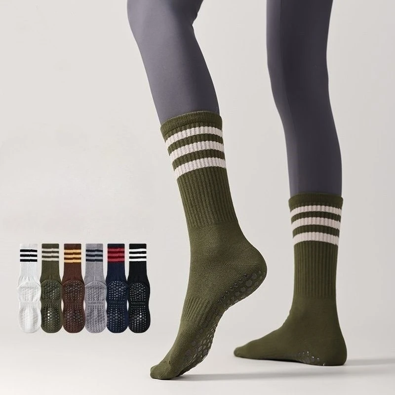 

Повседневные полосатые носки для йоги, женские вязаные хлопковые силиконовые нескользящие носки для пилатеса, профессиональные домашние напольные спортивные носки для тренажерного зала и фитнеса