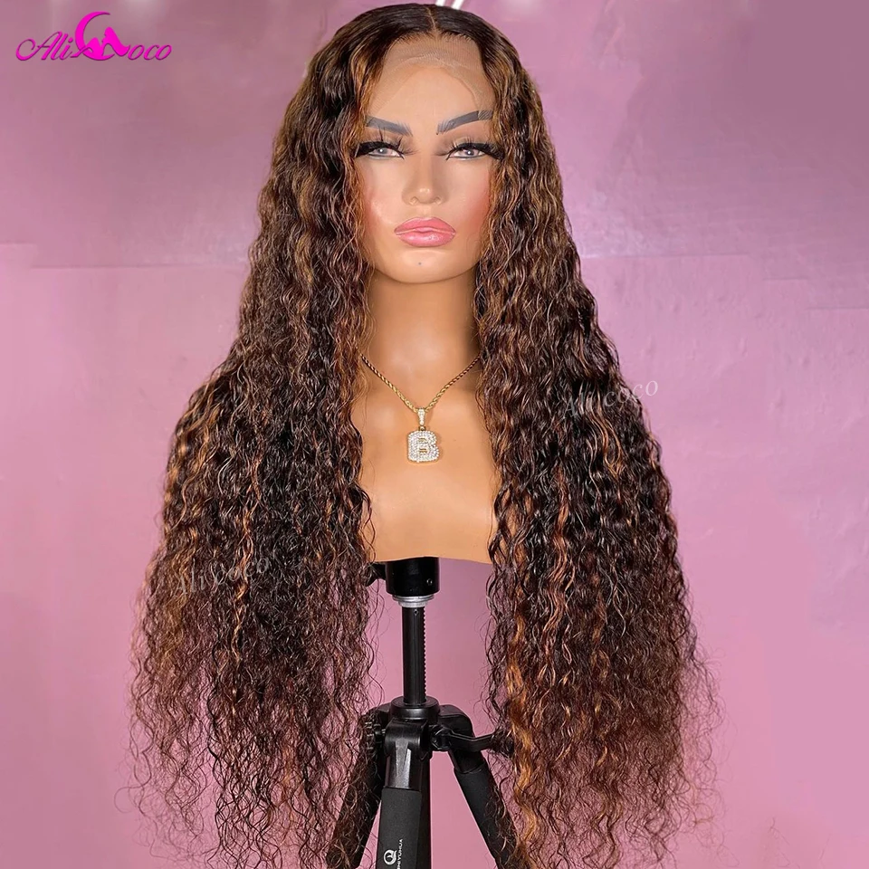 

13x4 13x6 Curly Highlight Brown Lace Front Wigs Human Hair Pre Plucked For Women Curly Transparent 5x5 Closure Wigs 200 Density