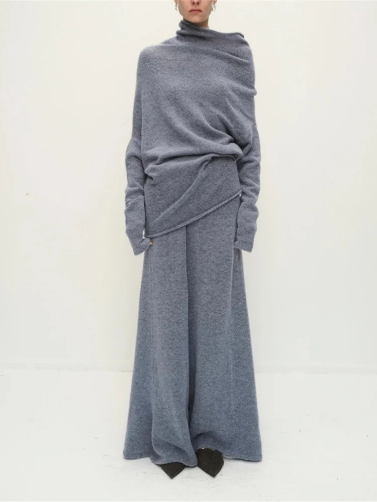 

2026 Spring Women's Knit Pullover Sweater with Asymmetrical Turtleneck, Long Sleeve Minimalist Top for Lady