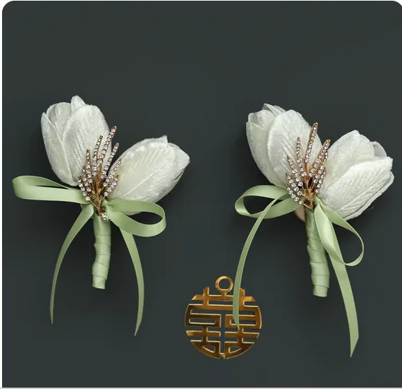 Tulip wedding corsage Bride and groom wedding lapel Best man Bridesmaid wrist flower cocktail party guest brooch