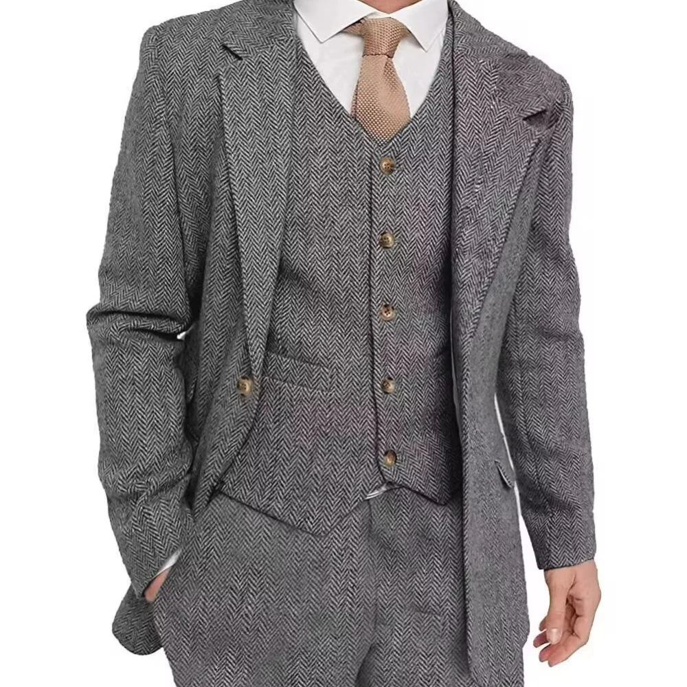 بدلة رسمية للرجال من جلد القرش البني من التويد مكونة من 3 قطع سترة للتدخين وبنطلون للأعمال وحفلات الزفاف #4