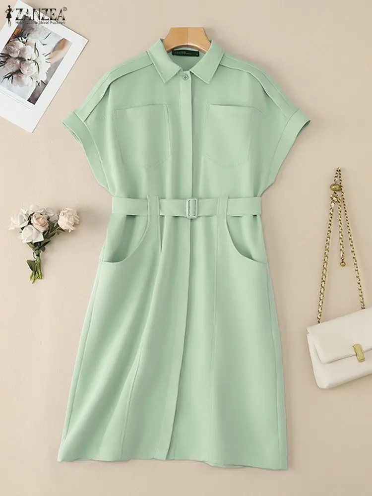 ZANZEA Camicia da donna casual patchwork con cintura Colletto rovesciato Bottoni Manica corta Abito al ginocchio Abbigliamento da lavoro S-3XL