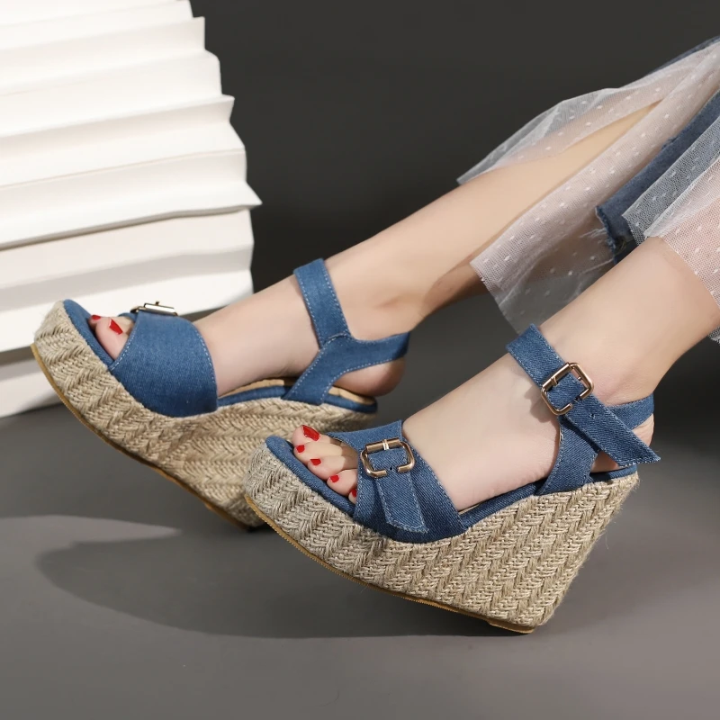 Knitted Women\'s Sandals Platform High Heels Wedge Summer Shoes For Women Gladiator Flip Flops Ladies Party Shoes Large Size 45
