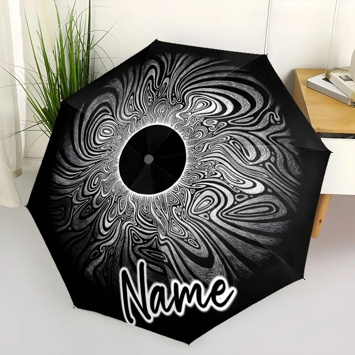 Custom Name Umbrella Hypnotic Swirls on Black Umbrella Canvas Print 8 Iron Ribs Folding Umbrella Auto-Open Fashion Sunshade