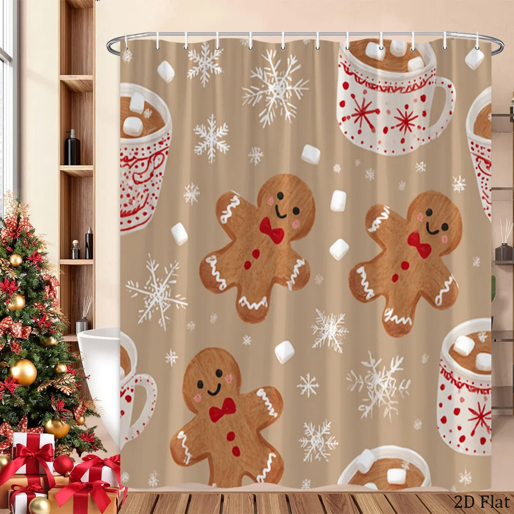 2D Flat, 1pc Christmas Gingerbread Shower Curtain with Snowflake & Hot Cocoa Pattern - Vintage Winter Bath Curtain, Gingerbread And Candy Cane Design, Machine Washable with Hooks for Tub (70.8