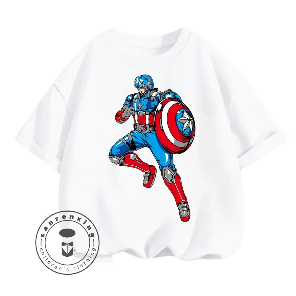 

Симпатичная рубашка с короткими рукавами и круглым вырезом с принтом персонажей мультфильма «Капитан Америка» в стиле ретро в стиле хип-хоп для детей