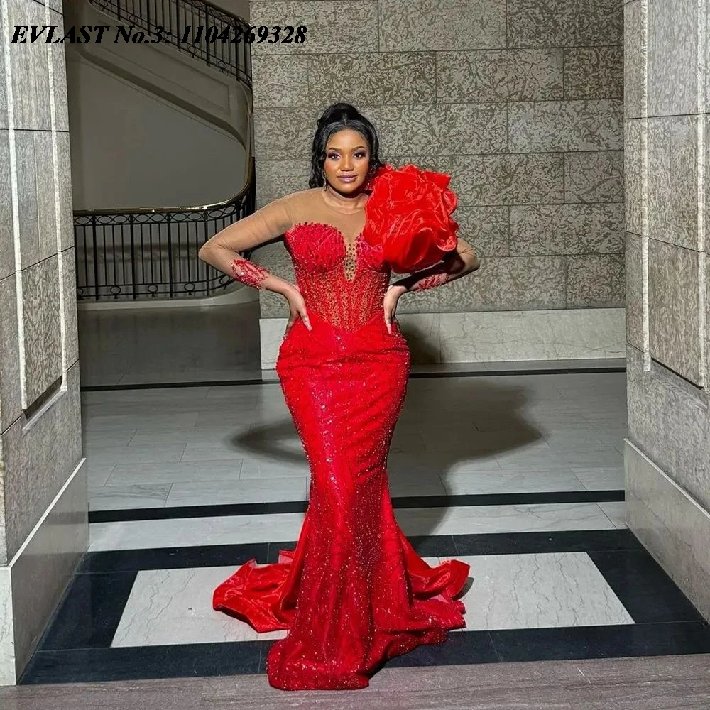 

EVLAST индивидуальное платье русалки Aso Ebi с красными блестками и аппликацией, расшитое кристаллами и бисером, африканское вечернее платье Robe De Soirée E3P468