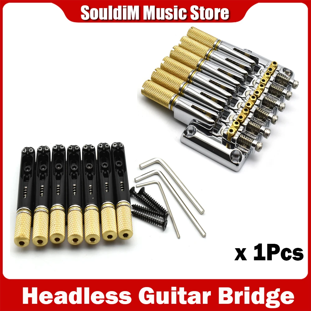 

1 комплект, черный/хромированный 6/7 струнный безголовый металлический седло-бридж, сменный музыкальный инструмент, аксессуары для гитары без головы