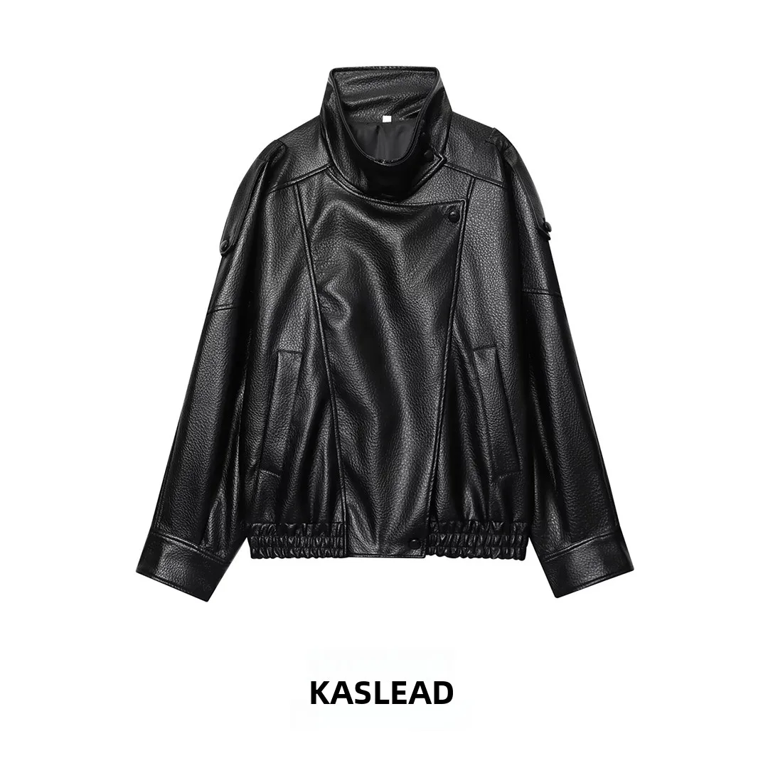 

KASLEAD Новая женская модная свободная универсальная молния, украшенная искусственной кожей, верхняя одежда Jaet, длинная подставка из полиэфирного волокна...