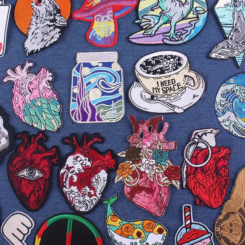 DIY Embroidery Patch Rock Heart Patches On Clothes Van Gogh Iron On Patches For Clothing Punk Biker Patch Applique Badge Stripe