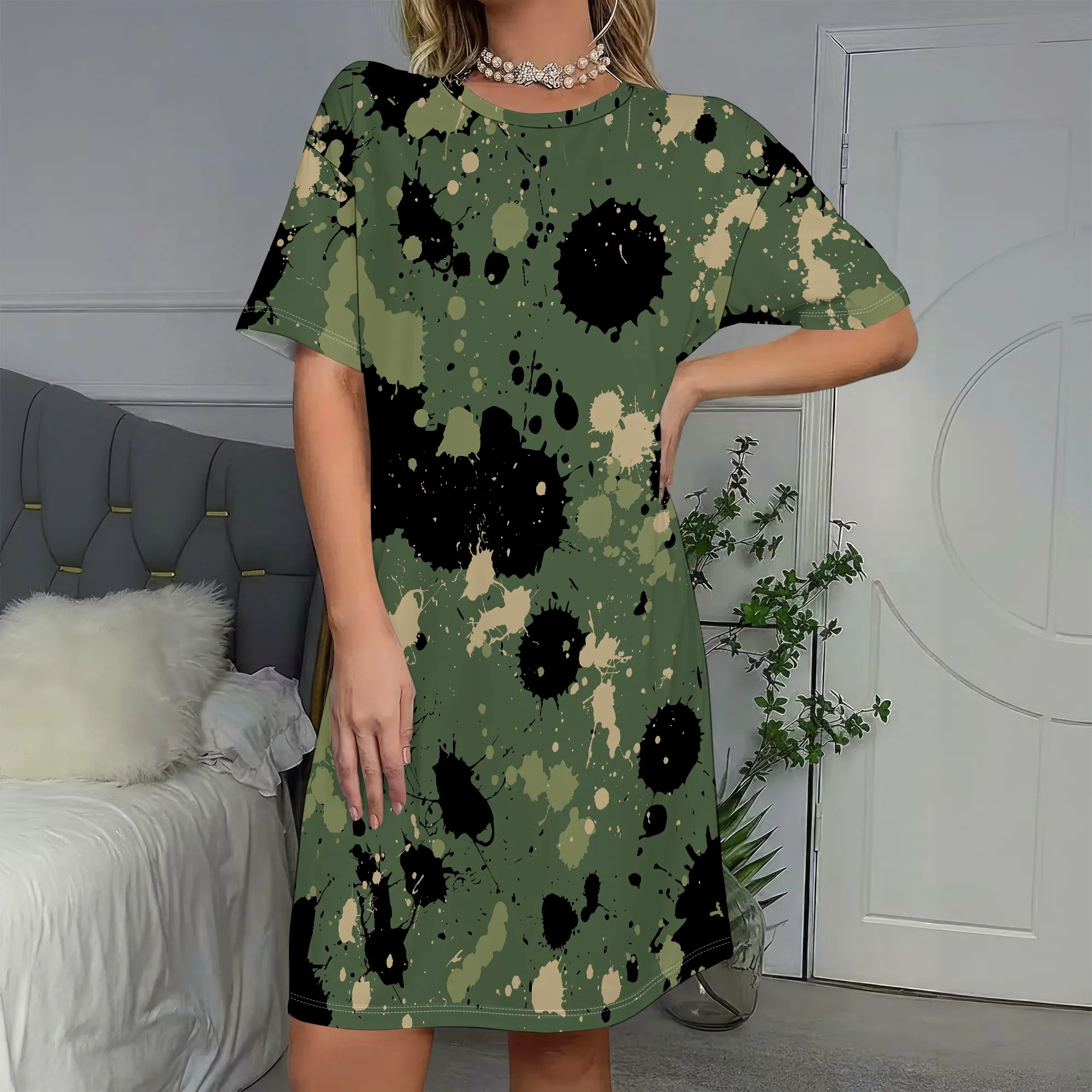 

Camouflage Paint Pattern Short Sleeve T-Shirt Dress, Casual Loose Fit Summer Mini Dress for Women, S-2XL