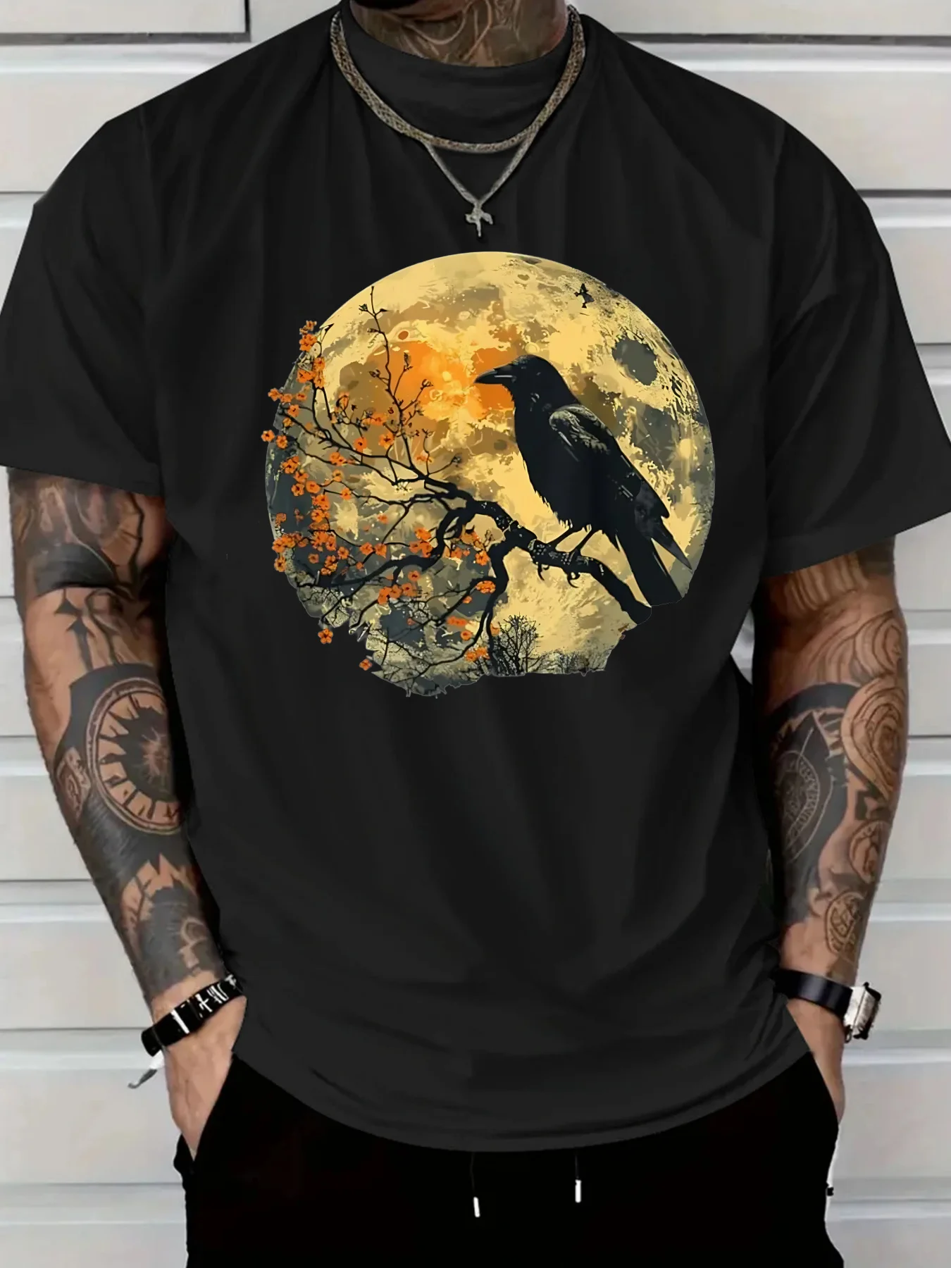 

Vibrant Crow & Full Moon Graphic Print T-Shirt 100% Cotton O-Neck Short Sleeve Summer Casual Mens T-shirt Streetwear