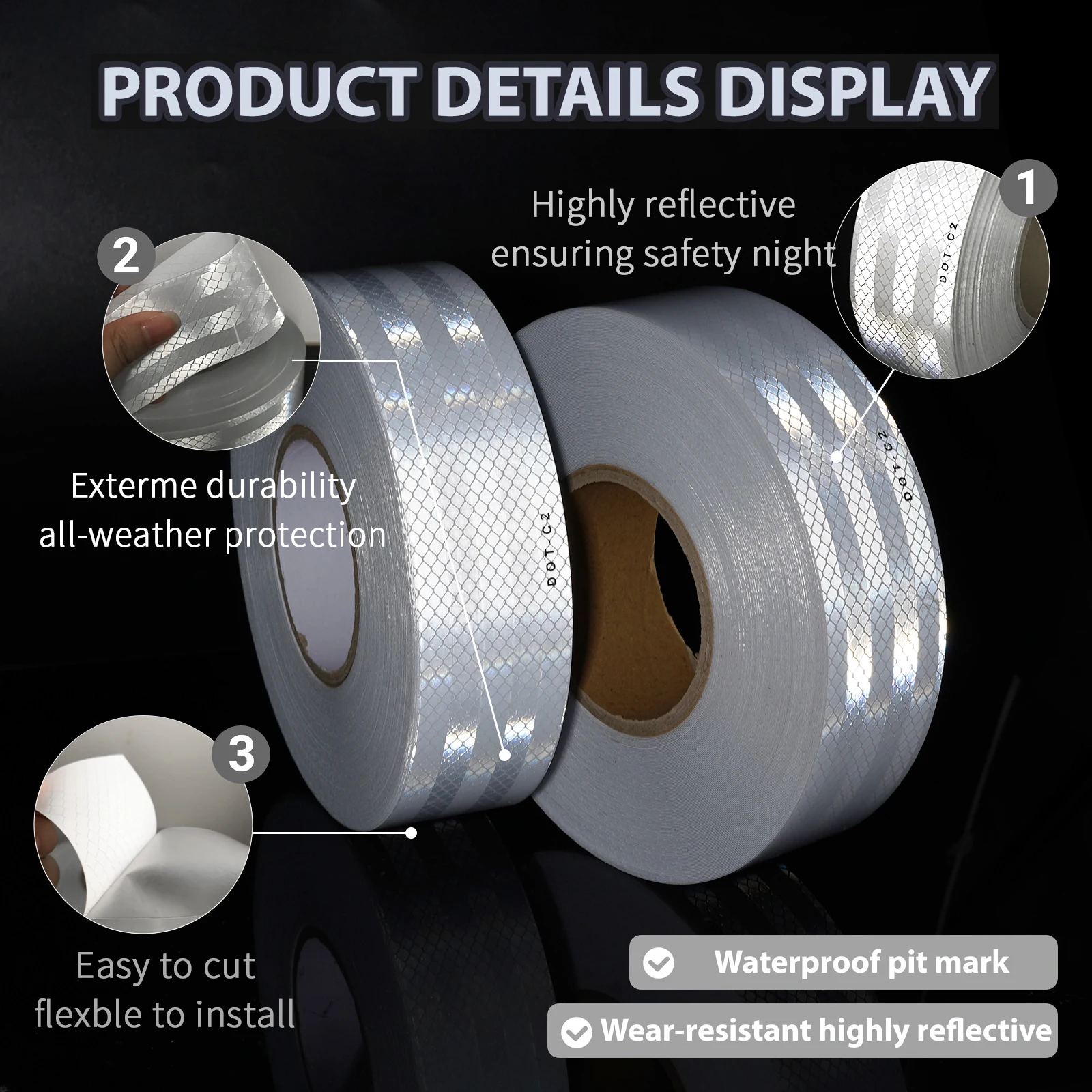 

1 рулон светоотражающей предупреждающей ленты DOT-C2 белого цвета, 118,11 дюймов - высокопрочная, самоклеящаяся, подходит для автомобилей и мотоциклов