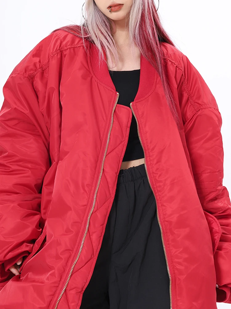 SHENGPALAE Fashion Red Cotton-padded Coat O-neck Women Winter Loose Keep Warm Thicken Zipper Outerwears Coats 2024 New 5G324