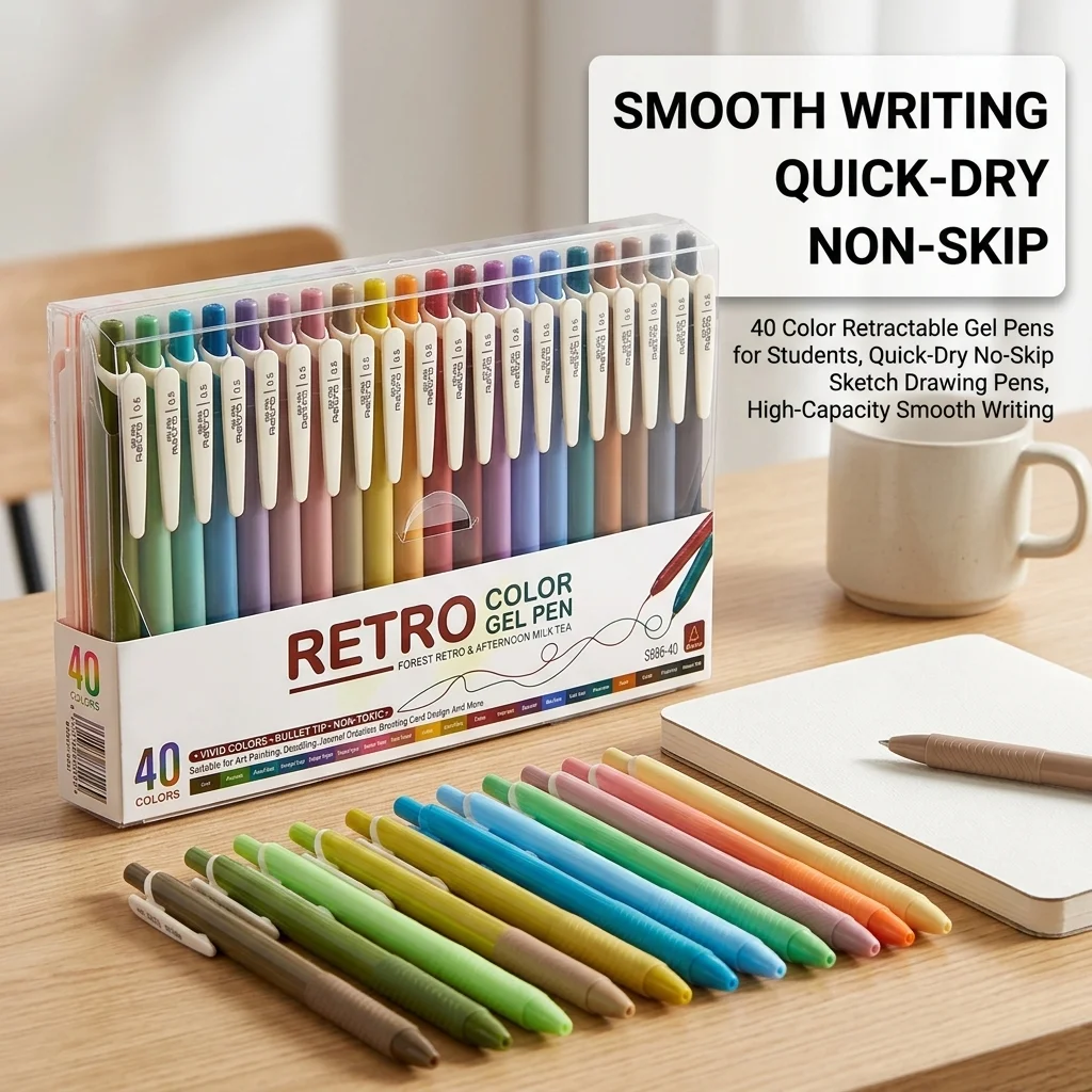 

Vintage Color Gel Pen 40 Pcs Set 0.5mm Quick Dry Retractable Neutral Pens Silky Smooth Writing for Journaling School Stationery