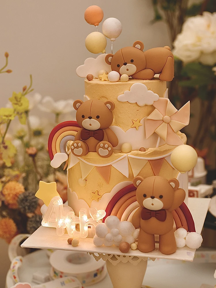 3D Bow Bear Cake Toppers Rainbow Balls Cute Teddy Bear Cake Topper for 1st Birthday Baby Shower Cupcake Cake Decoration Gifts