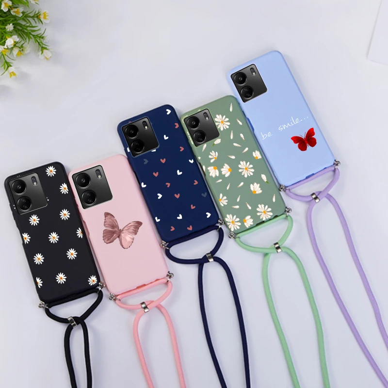 Strap Chain Flower Butterfly Case For Xiaomi Redmi 13C Lanyard Neck Strap Rope Case For Xiaomi Redmi 13 C Redmi13C Funda Coque