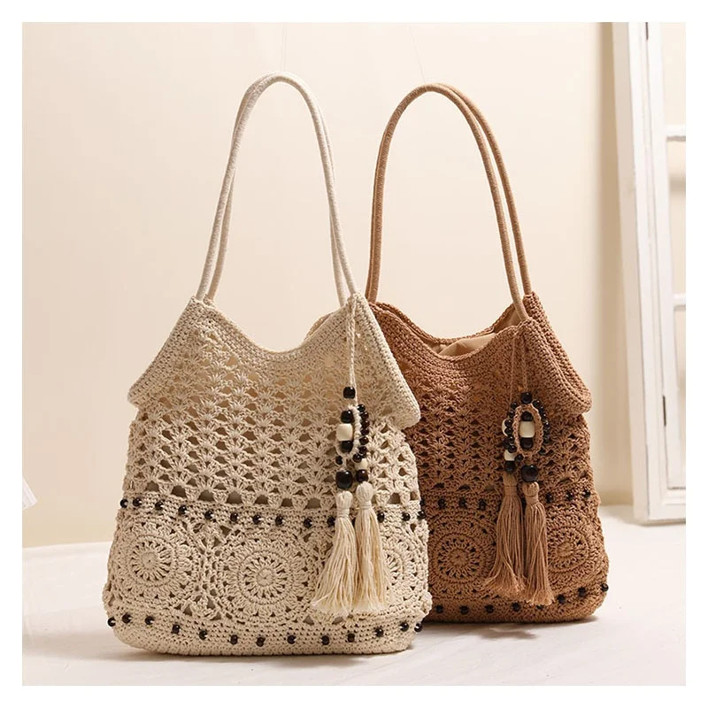 Stylish Wooden Bead Fringe One-Shoulder Cotton-Yarn Woven Bag, Casual Openwork Straw Bag, Beach Vacation-Style Beach Bag